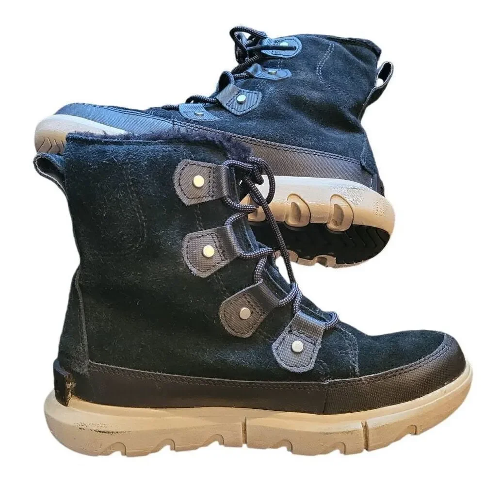 Sorel Explorer II Joan Boots Women's 6 Black Suede Leather Faux Fur Lace Up